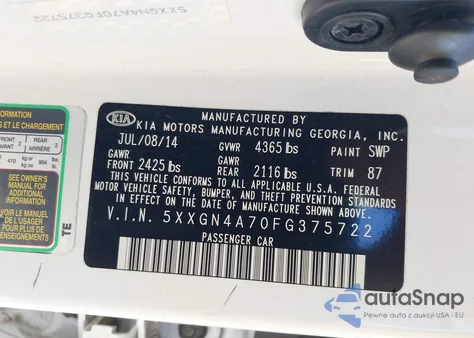 2015 Kia Optima Ex из США, поврежденный, VIN 5XXGN4A70FG375722